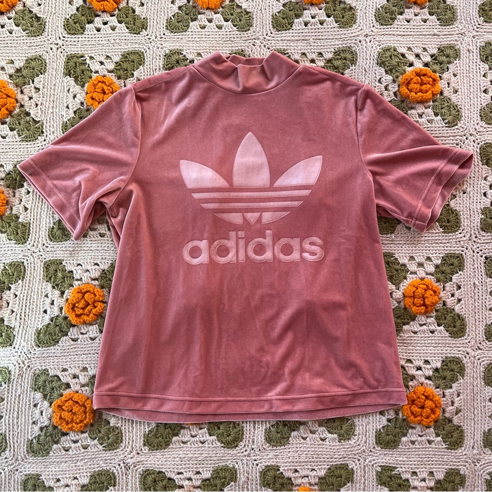 Adidas pink velvet oversized crop tee, size M